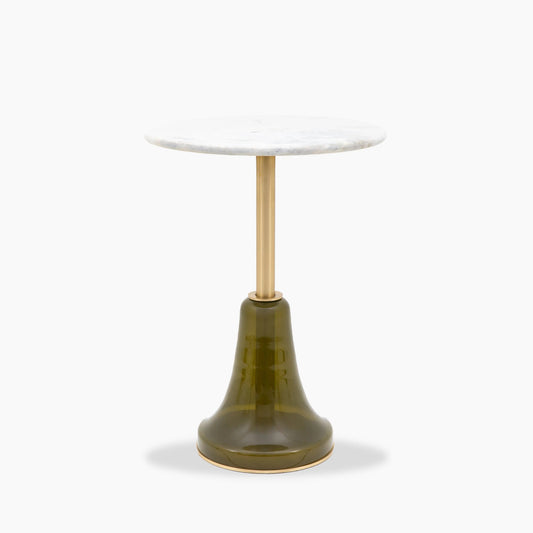 White Round Marble Top Side Table With Green Glass Base