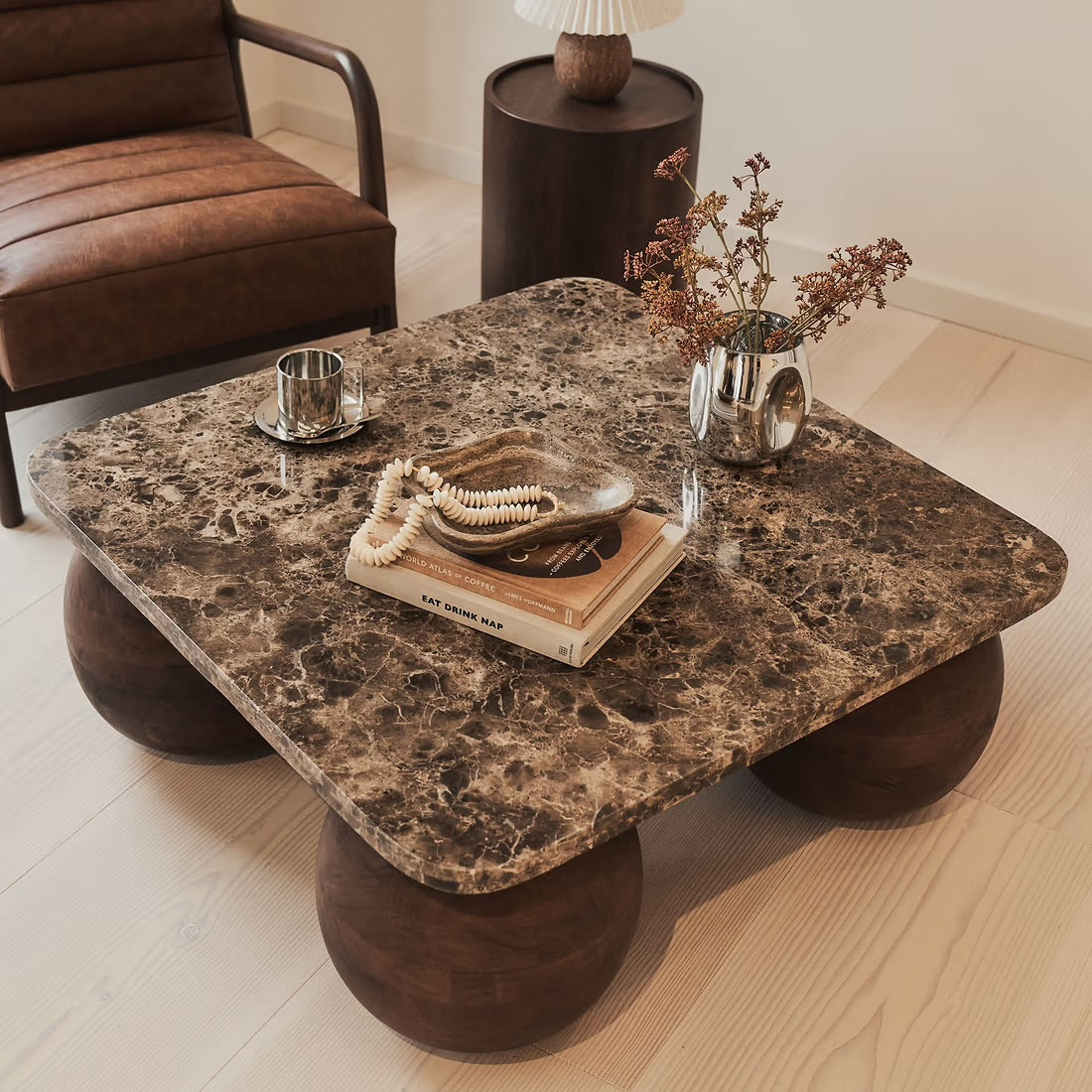 Dark Emperador Marble Square Dark Wood Coffee Table