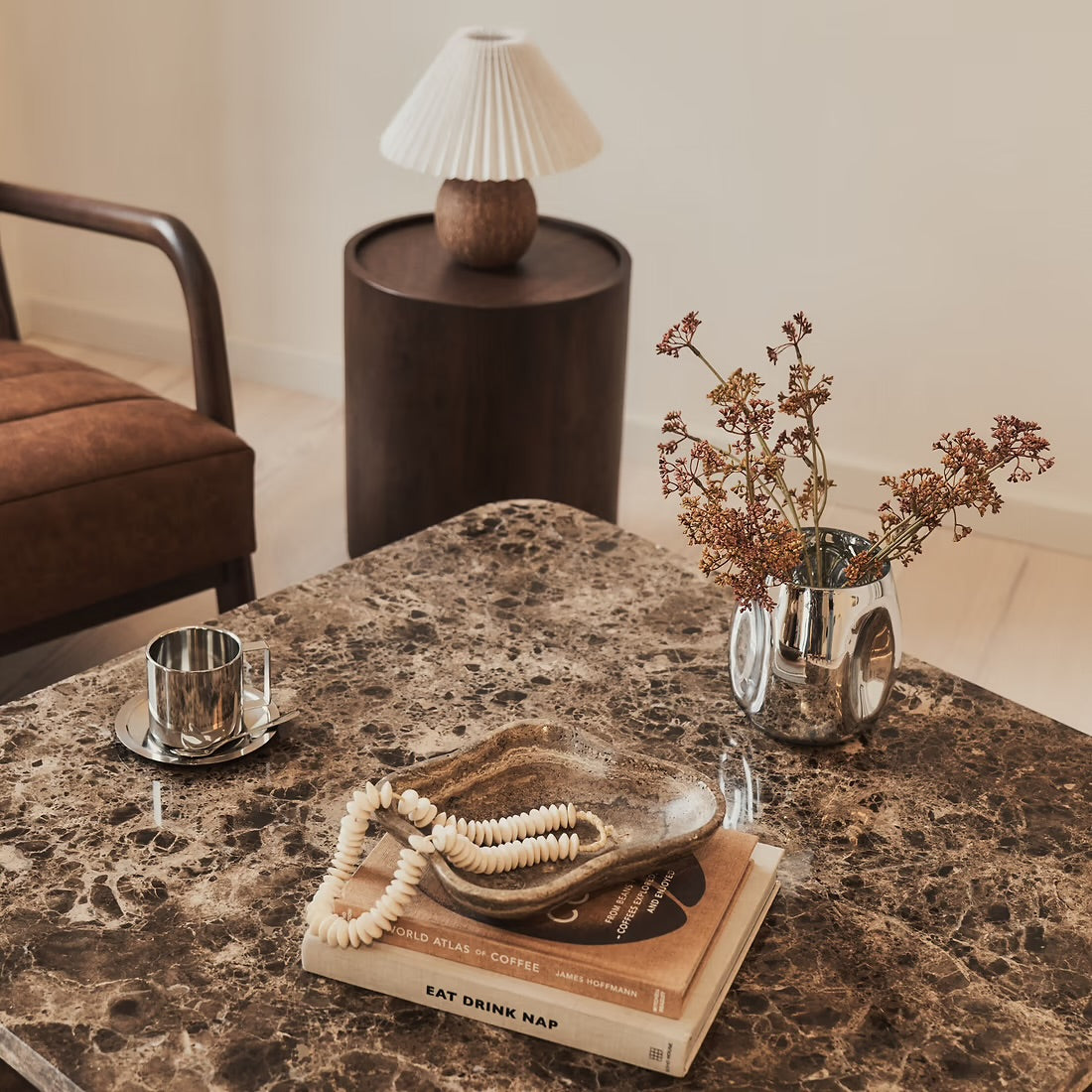 Dark Emperador Marble Square Dark Wood Coffee Table
